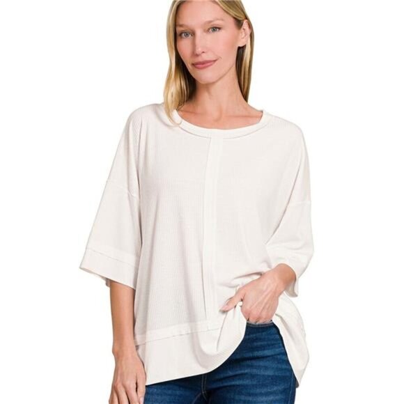 Zenana Ribbed Boat Neck 3/4 Sleeve Top - Picture 1 of 3